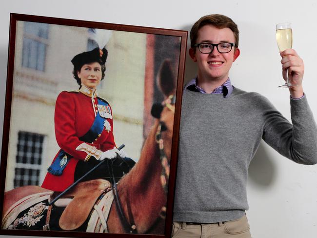Queensland Young Monarchists League members Madeline Boyle and Wilson Gavin will be toasting the Royal Wedding in the Crown Room at the Queens Arm at New Farm Picture AAP/David Clark