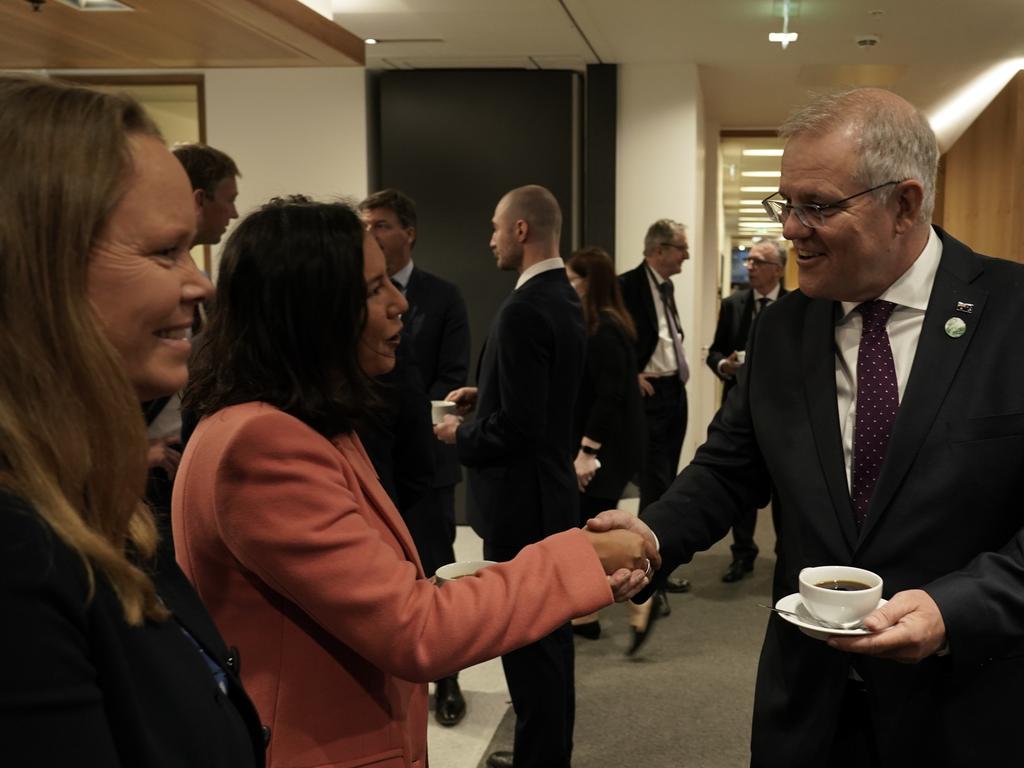 Prime Minister Scott Morrison hears from senior corporate representatives about their climate policies in Glasgow. Picture: Adam Taylor