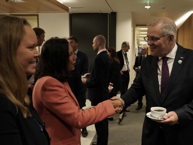 Prime Minister Scott Morrison hears from senior corporate representatives about their climate policies in Glasgow. Picture: Adam Taylor