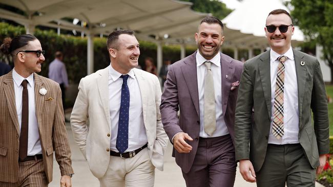 James Tedesco (2nd from right) arrives with friends. Picture: Sam Ruttyn