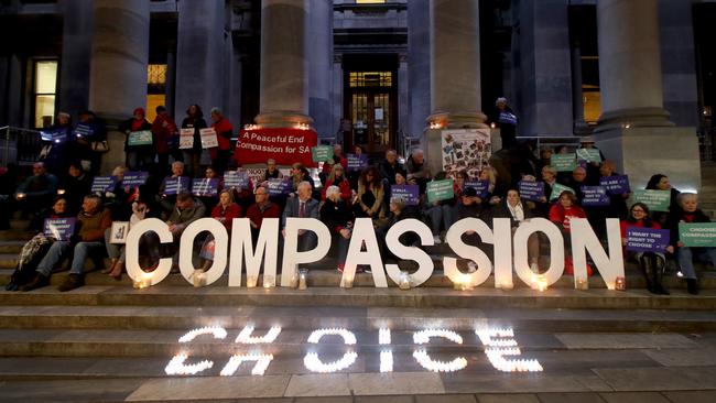 The Voluntary Assisted Dying South Australia group held a vigil on the steps of parliament on Wednesday evening. Picture: Kelly Barnes