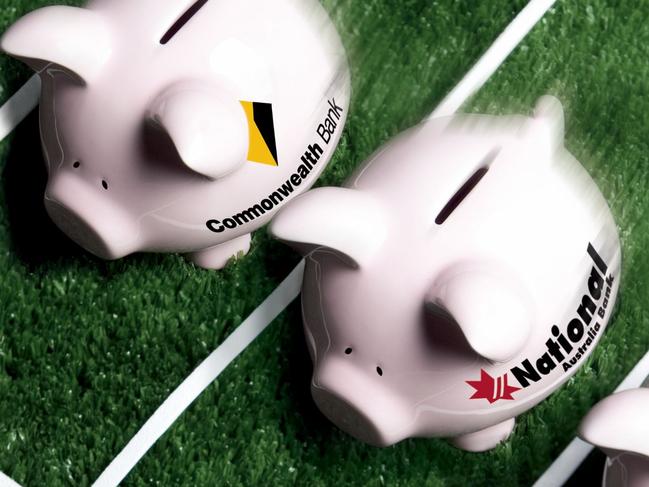 Piggy banks with the logos of the big four banks (from top) Commonwealth, National, Westpac and ANZ in a race, for The Deal magazine, 07/2009.