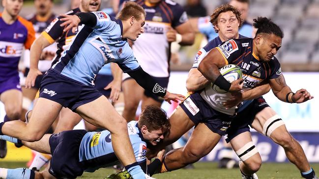 Solomone Kata, of the Brumbies, is tackled during the round eight Super Rugby match against the Waratahs last season.