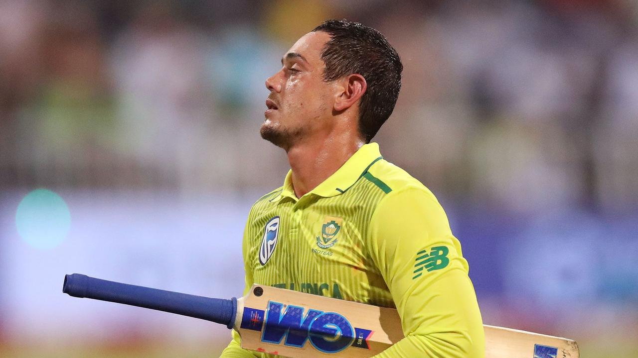 South Africa's Quinton de Kock loses his wicket during the second Twenty20 international cricket match between South Africa and England at the Hollywood bets Kingsmead Stadium in Durban on February 14, 2020. (Photo by Anesh Debiky / AFP)