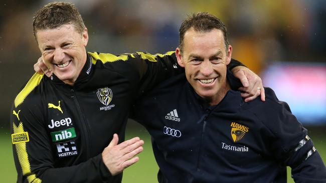 Damien Hardwick won’t be laughing after Alastair Clarkson masterminds a Grand Final win over him in three weeks’ time. Picture: Michael Klein