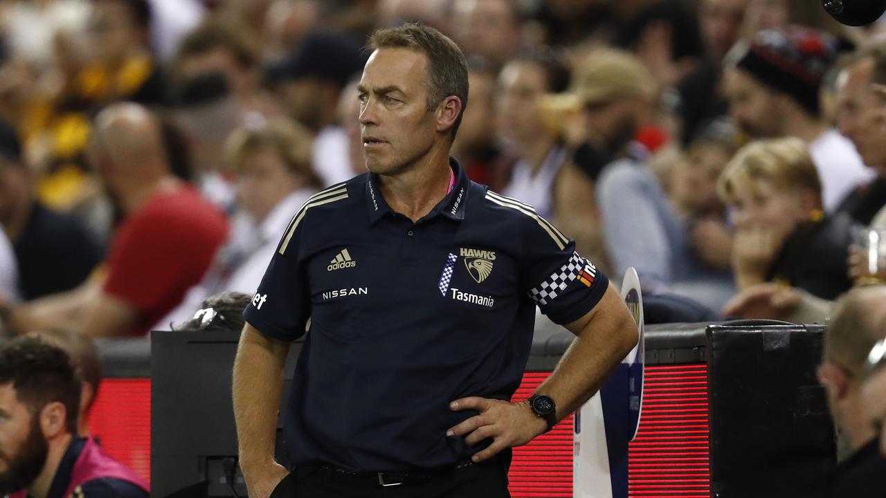 MELBOURNE, AUSTRALIA - MAY 01: Hawthorn Senior coach Alastair Clarkson looks on from the bench during the round seven AFL match between the St Kilda Saints and the Hawthorn Hawks at Marvel Stadium on May 01, 2021 in Melbourne, Australia. (Photo by Darrian Traynor/Getty Images)