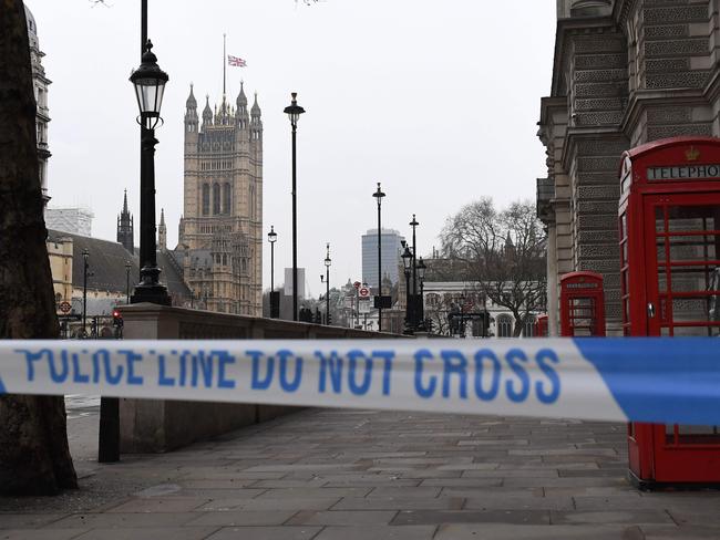 A police security cordon remains around the Houses of Parliament in London. Picture: Justin Tallis