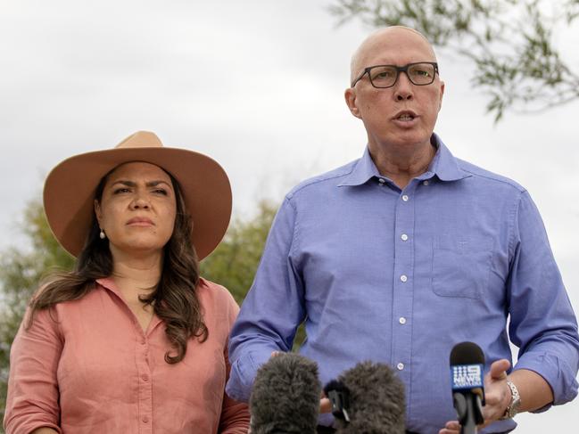 13-04-2023 - Opposition Leader Peter Dutton and Senator Jacinta Price hold a press conference on ANZAC Hill in Alice Springs on Thursday. Picture: Liam Mendes / The Australian