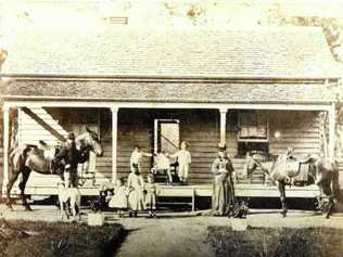 Standing in front of the Murphy's Creek Police Station in 1872 are (from left) Constable Hugh O'Loan with his wife Mary (nee McCauley) and five of their 11 children, Sarah Elizabeth, Edmund James, Alfred Hugh, Mary Maude, Ada Catherine, Albert Edward, Francis Harriet and Mary (died at 12 days). Picture: Realestate.com.au