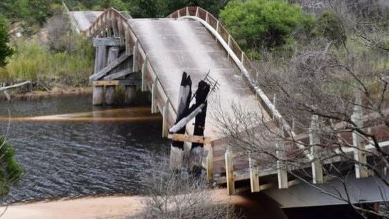 The damaged Thurra River bridge in East Gippsland. Picture: Rylee Pardew