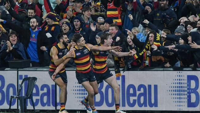 Ben Keays and teammates celebrate the goal that wasn’t against Sydney. Picture: Mark Brake/Getty Images