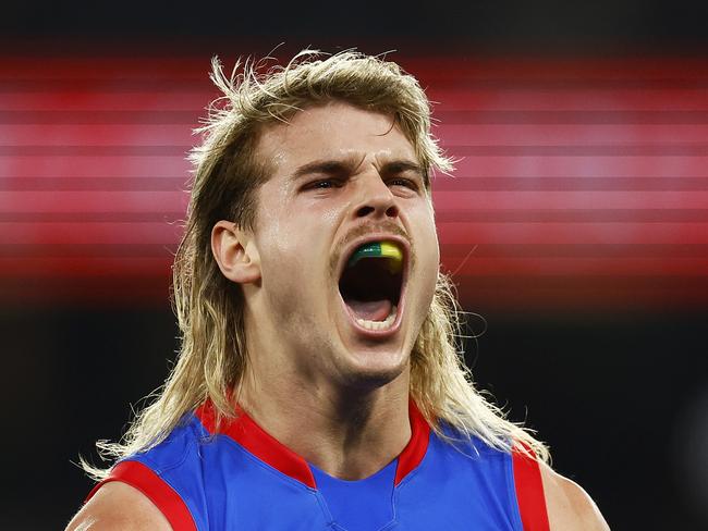 MELBOURNE, AUSTRALIA - AUGUST 13: Bailey Smith of the Bulldogs celebrates kicking a goal during the round 22 AFL match between the Western Bulldogs and the Greater Western Sydney Giants at Marvel Stadium on August 13, 2022 in Melbourne, Australia. (Photo by Daniel Pockett/Getty Images)