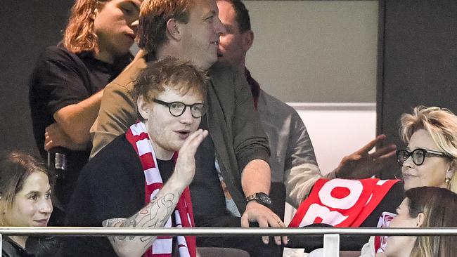 Ed Sheeran rocking the red, white and black. Picture: Jake Nowakowski