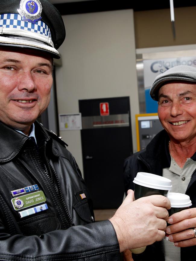 Coffee smiles with Supt David Jones and Tony Pelle.