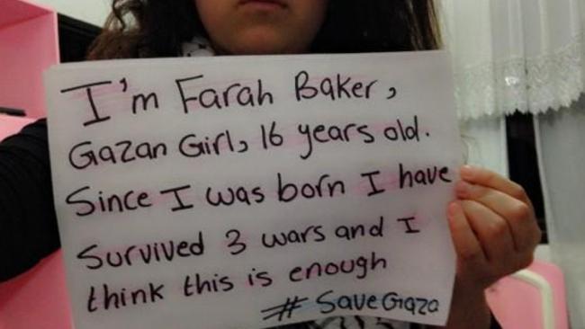 16-year-old Farah Baker tweeted this pic calling for peace last week.