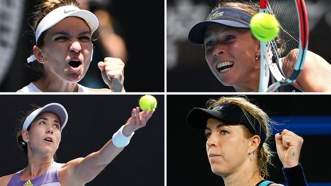 Australian Open women's singles quarterfinalists (clockwise from top left) Simona Halep, Annett Kontaveit, Anastasia Pavlyuchenkova and Garbine Muguruza.