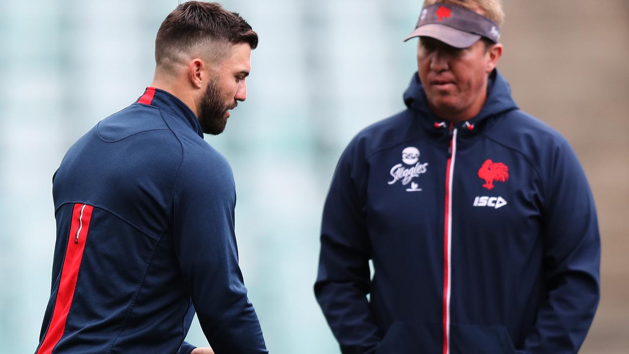 Roosters James Tedesco with coach Trent Robinson during the Sydney Roosters training session at Allianz Stadium ahead of the 2018 NRL Grand Final. Picture: Brett Costello