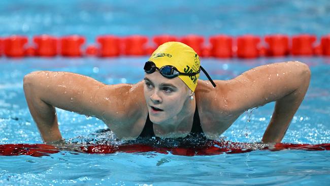 Australia's Shayna Jack reacts after competing in a semifinal of the women's 50m freestyle swimming event during the Paris 2024 Olympic Games. Picture: AFP