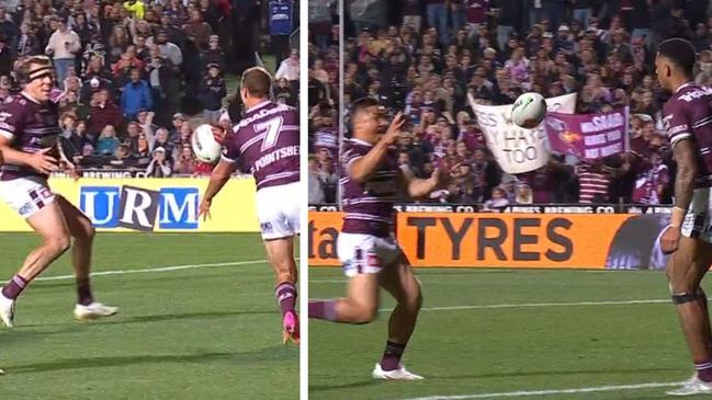 Twice the Sea Eagles dished off tries. Photo: Fox Sports