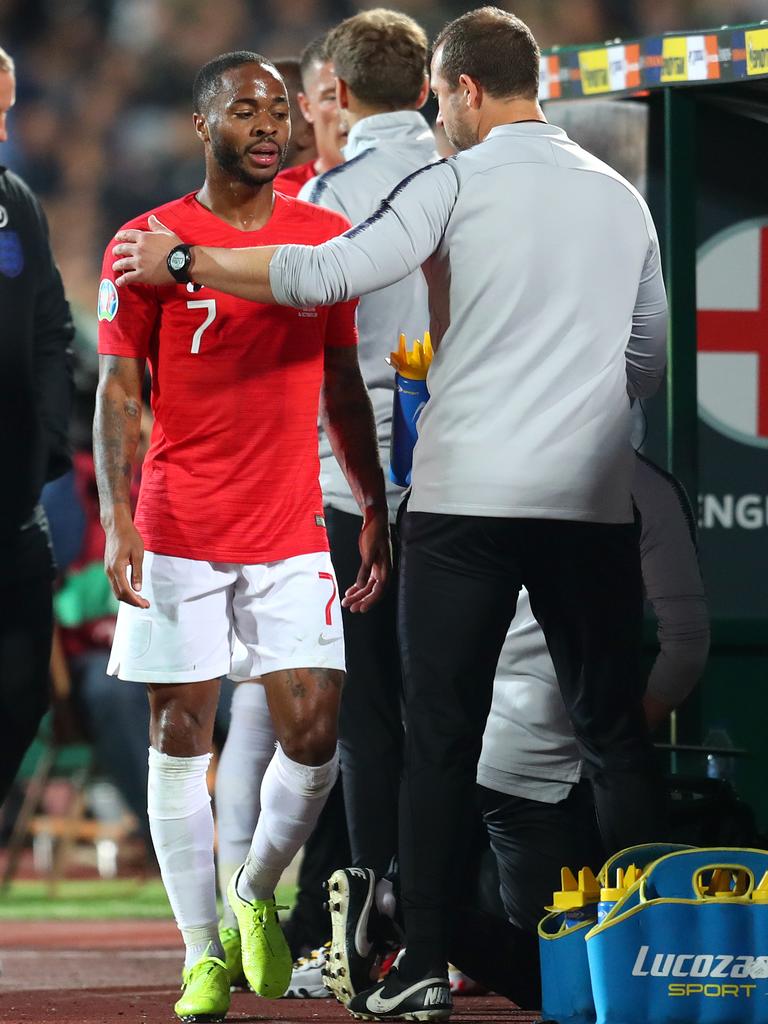 Raheem Sterling leaves the pitch. (Photo by Catherine Ivill/Getty Images)