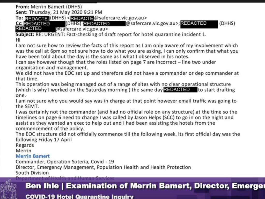 An email shown at the hotel quarantine inquiry on Friday.