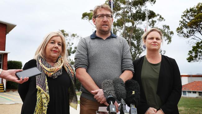 AEU Tasmania branch president Helen Richardson, left, teacher and AEU executive member David Genford and AEU state manager Roz Madsen at the announcement of a new pay offer for teachers. Picture: NIKKI DAVIS-JONES