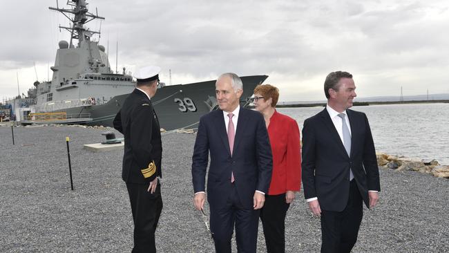 Prime Minister Malcolm Turnbull with Minister for Defence Marise Payne and Minister for Defence Industry Christopher Pyne during a visit to the ASC shipyard Picture: David Mariuz/AAP