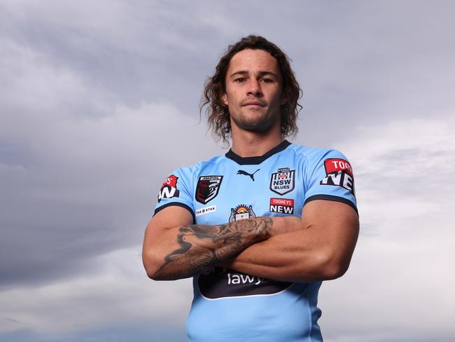 SYDNEY, AUSTRALIA - MAY 30: Nicho Hynes poses during a New South Wales Blues State of Origin squad Media Opportunity at Crowne Plaza Coogee on May 30, 2022 in Sydney, Australia. (Photo by Mark Metcalfe/Getty Images)