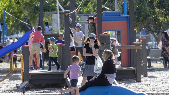 Families enjoying the facilities at the Wynnum Foreshore. Picture: AAP/Sarah Marshall