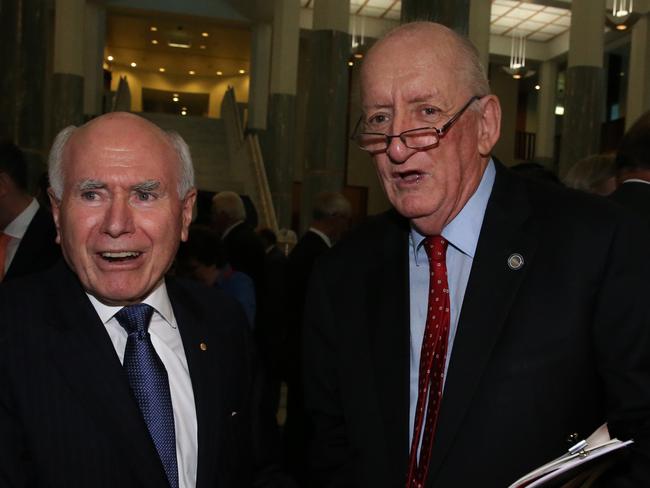 Former prime minister John Howard and his old deputy PM Tim Fischer at a gala dinner at Parliament House in 2016. Picture: Ray Strange.