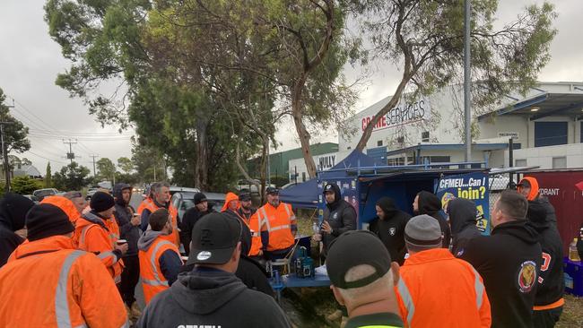 CFMEU SA Members picketing out the front of Crane Services at Wingfield. Picture: CFMEU SA / Facebook