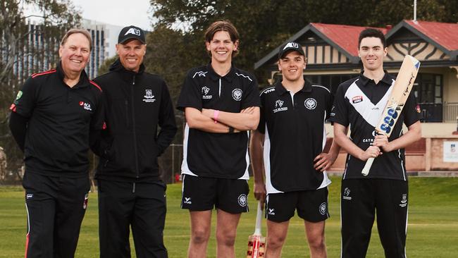 Adelaide University Cricket coaches Chris Harms and Johan Botha with players Kyle Brazell, Cooper Luke and Zachary Schwarz at University Oval in North Adelaide. Picture: Matt Loxton