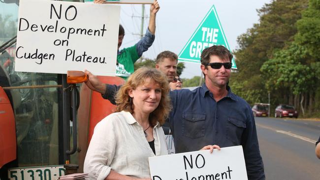 Tweed District Mayor Katie Milne and James Paddon protest outside the site of the new Tweed Valley Hospital at Cudgen. Photo Scott Powick