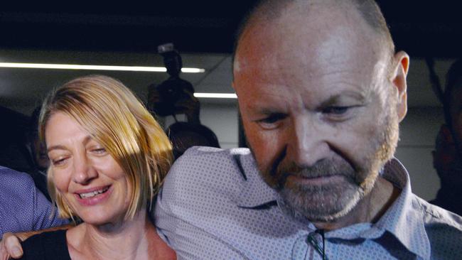 Presenter Tara Brown and producer Stephen Rice (right) from Channel Nine's 60 Minutes after they were released on bail from prison in Beirut. Picture: AFP/Peter Parks