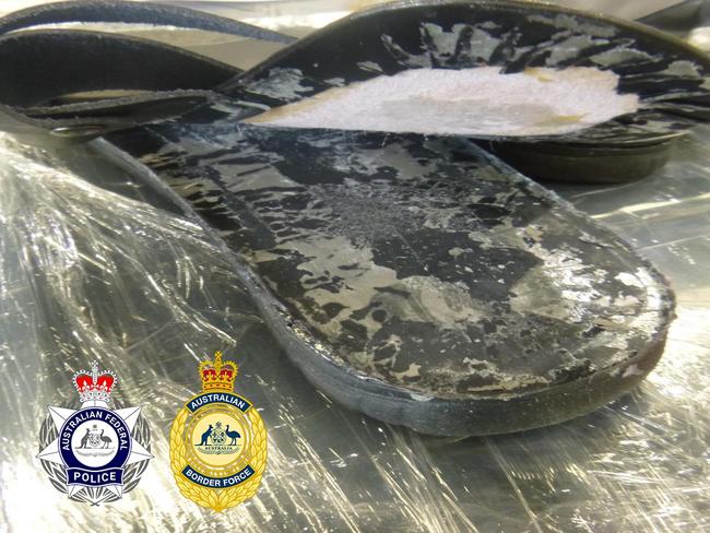 Meth hidden at the bottom of leather sandals. Images supplied Border Force/ Federal police