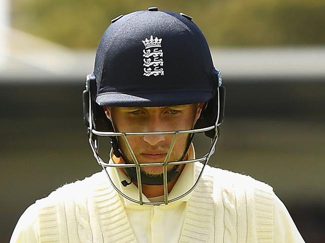 PERTH, AUSTRALIA - DECEMBER 17:  Joe Root of England bats walks off the field after being dismissed by Nathan Lyon of Australia during day four of the Third Test match during the 2017/18 Ashes Series between Australia and England at WACA on December 17, 2017 in Perth, Australia.  (Photo by Quinn Rooney/Getty Images)