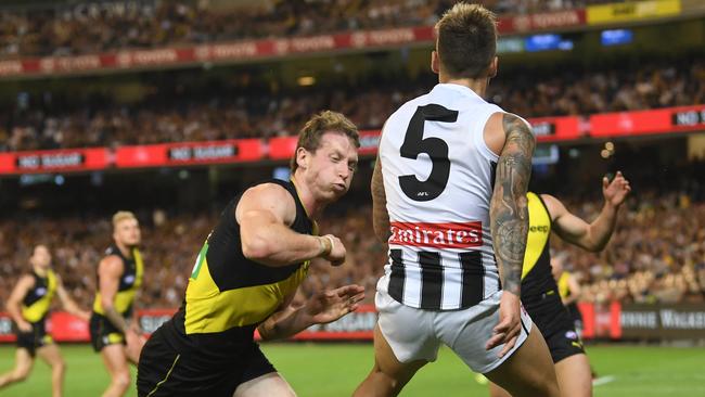 Dylan Grimes could be in trouble for this incident with Jamie Elliott. Picture: AAP Images 