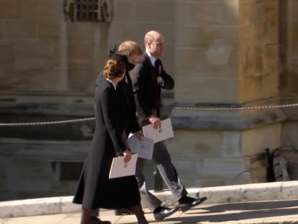 Harry, William and Kate left the funeral service together, opting to walk rather than be drive from the chapel.