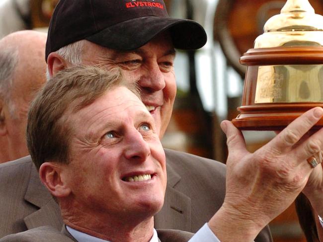 Trainer Tony Vasil holds the Caulfield Cup. Picture: AAP / Stuart McEvoy