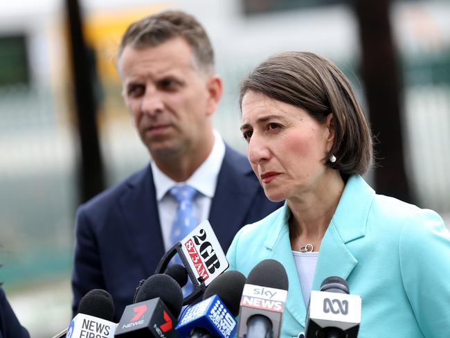 Premier Gladys Berejiklian and Transport Minister Andrew Constance announcing the $50 per week on public transport. Picture: Toby Zerna