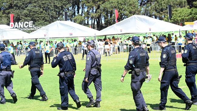 A heavy police presence which included police dogs welcomed the crowds at entry at Listen Out festival. Picture: NCA NewsWire / Jeremy Piper
