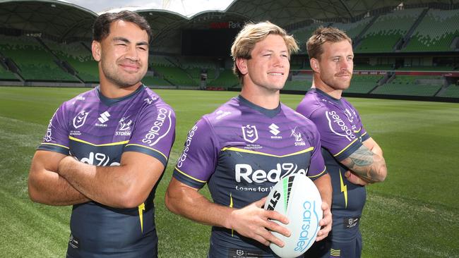 Storm vice-captains Jahrome Hughes (L) and Cameron Munster (R) flank new skipper Harry Grant. Picture: David Crosling