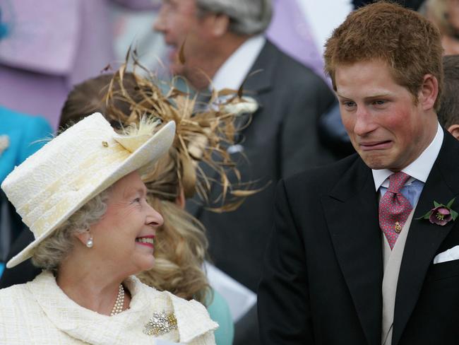 The Queen shares a joke with Prince harry at the wedding of Prince Charles with Camilla Parker Bowles at Windsor Castle in England 09 Apr 2005. Picture: Getty