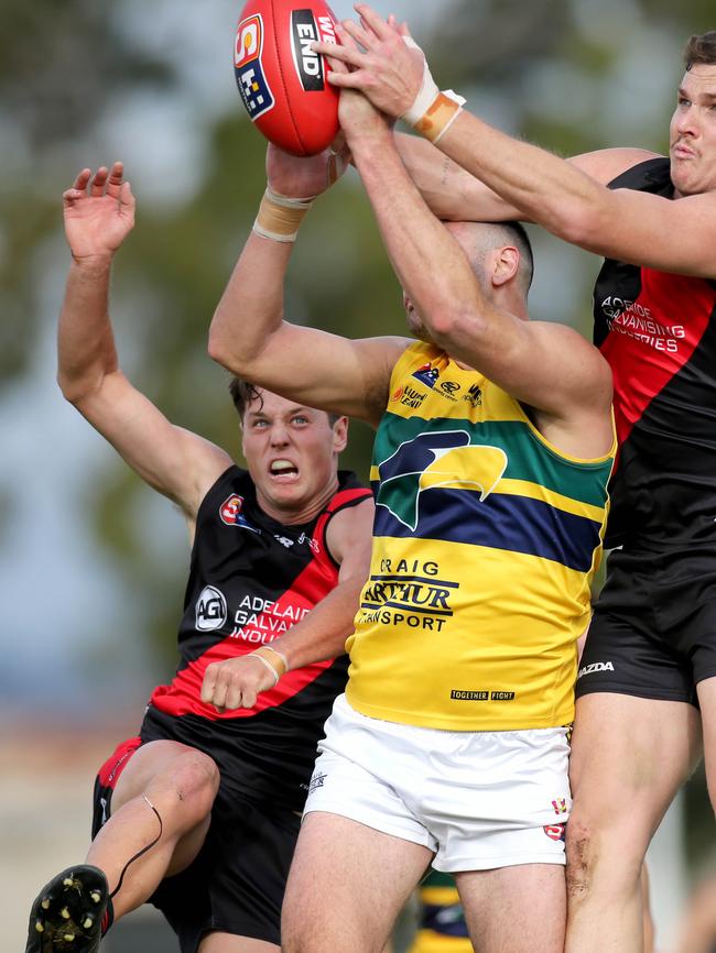 Woodville-West Torrens’ Connor Ballenden takes a strong mark against West Adelaide at Richmond Oval. Picture: Dean Martin.