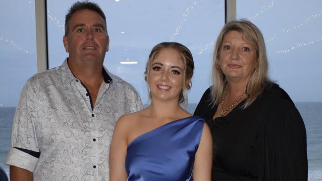 Brad, Mahlie and Paula Fitzpatrick at the Caloundra City Private School formal 2024.