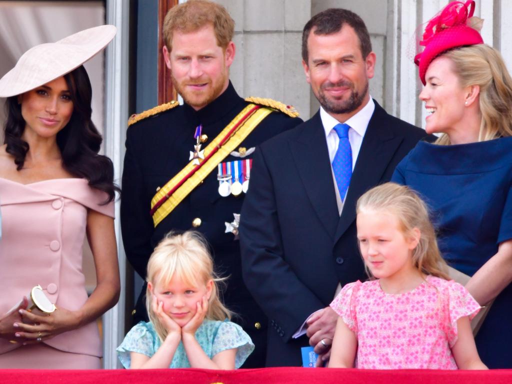 Meghan, Prince Harry, Peter Phillips, Autumn Phillips and their daughters. Picture: Supplied