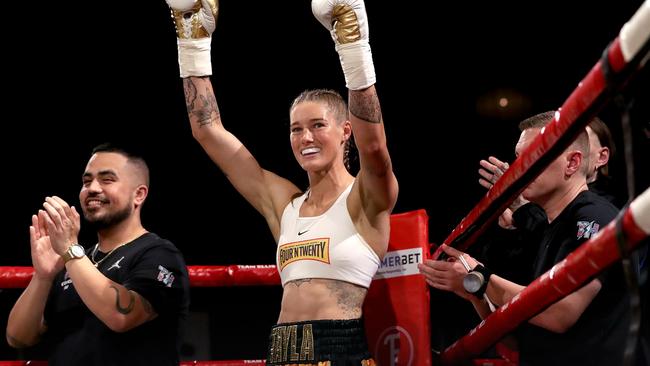 Tayla Harris had reasons to smile. Photo by Kelly Defina/Getty Images.