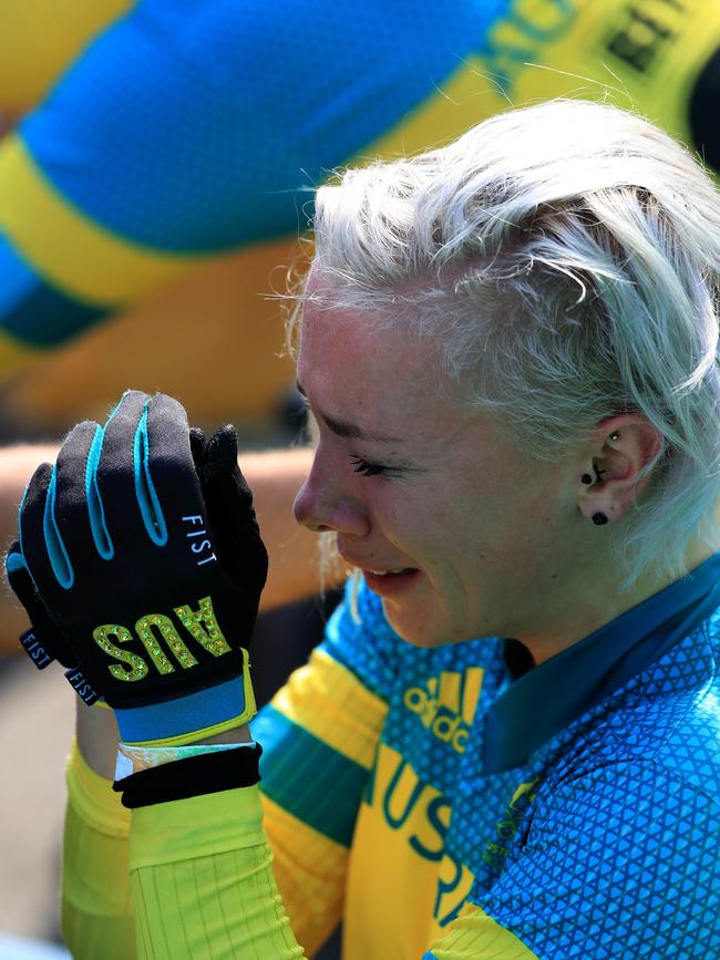 Caroline Buchanan was left in tears after crashing out of the BMX competition on the fnial day of races. Picture: Adam Head