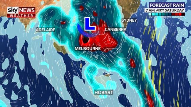 There will be some reprieve from the rain, but not for long as this forecast reveals, as a low pressure trough crosses the south east. Picture: Sky News Weather