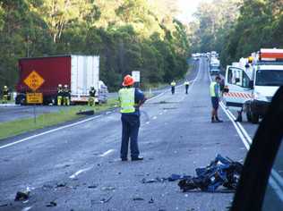 Debris was strew across both lanes of the Pacific Highway after a car and truck collided, killing a 60 year old man. Picture: Westpac Rescue Lifesaver Helicopter Service